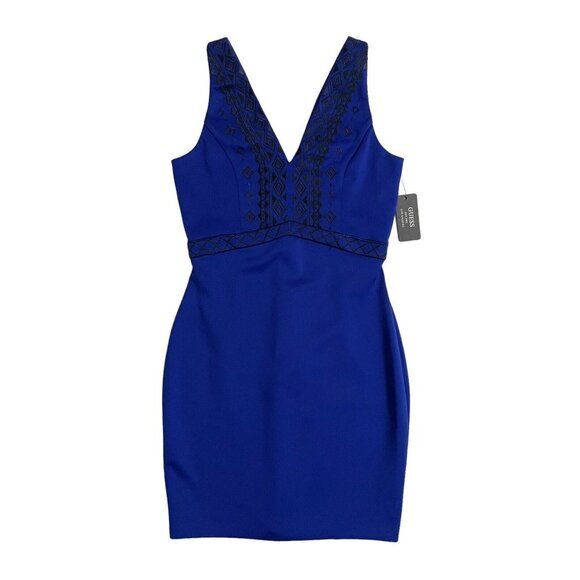 Guess Blue Dress Embroidered V Neck Scuba Knit Mini Sheath Dress Sz 8 Nwt $108